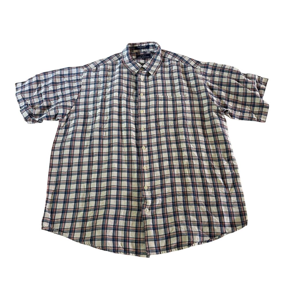 John Ashford Short Sleeve Plaid Linen Casual Button Down Shirt Men's Sz L Tall